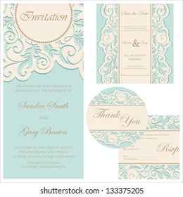 Set of wedding cards (invitation, thank you card, save the date card, RSVP card)