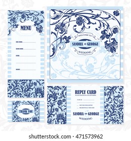 Set of wedding cards. Wedding invitation, Thank you card, RSVP card and Menu.