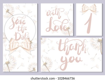 A set of wedding cards and invitations. Cards with lettering and beautiful dandelions 