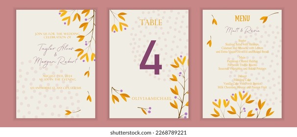 Set of wedding cards, invitations, postcards. Yellow flowers and leaves. A branch with yellow leaves