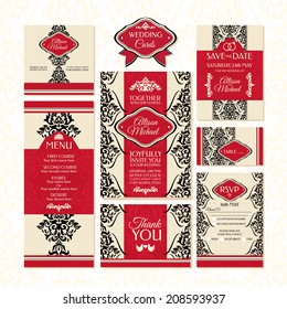 Set of wedding cards. Wedding invitations, Thank you card, Save the date card, Table card, RSVP card and Menu.