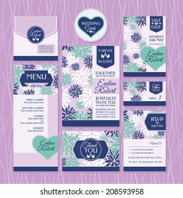 Set of wedding cards. Wedding invitations, Thank you card, Save the date card, Table card, RSVP card and Menu.