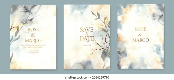 Set of wedding cards, invitations with watercolor backgrounds and botanical elements. Grey, beige, blue, golden colors. Elegant design.