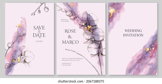 Set of wedding cards, invitations with watercolor backgrounds and botanical elements. White orchids with golden decor. Violet, pink, blue, golden colors. Elegant design.