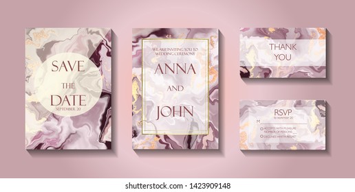 Set of wedding cards, invitatoin, RSVP and Thank You card. Gold, pink  marble,  stone, granite texture. Trendy minimalistic style. Vector poster, cover