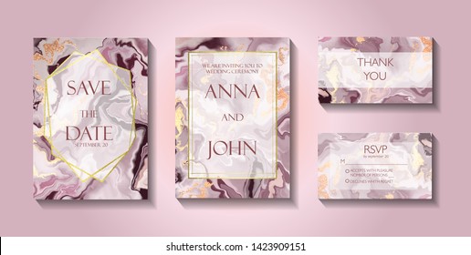 Set of wedding cards, invitatoin, RSVP and Thank You card. Gold, pink  marble,  stone, granite texture. Trendy minimalistic style. Vector poster, cover