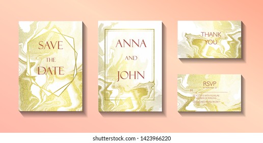 Set of wedding cards, invitatoin, RSVP and Thank You card. Gold, white, marble,  stone, granite texture. Trendy minimalistic fluid style. Vector poster, cover