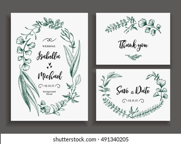 Set of wedding cards with leaves, herbs and flowers. Wedding invitation, save the date, thank you card. Vector illustration. Wreath with herbs and leaves isolated on white background. 