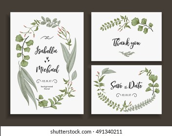 Set of wedding cards with leaves, herbs and flowers. Invitation, save the date, thank you card. Vector illustration. Floral wreath.