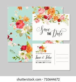 Cartas de Bodas con flores de Lily y orquídeas. Guardar la fecha, la decoración de la ducha del bebé en el vector