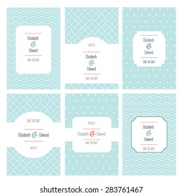 Set of wedding cards. located on the pattern of point, waves, circles. White background. It includes labels of various shapes.