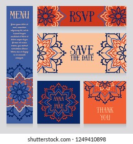 set of wedding cards with mandala ornaments, oriental style, vector illustration