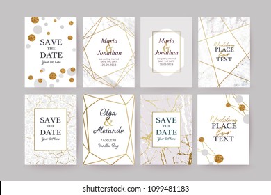 Set of wedding cards with marble texture and gold geometric frame. Design for cover, invitation, birthday, brochure background. Branding identity template. Vector illustration.