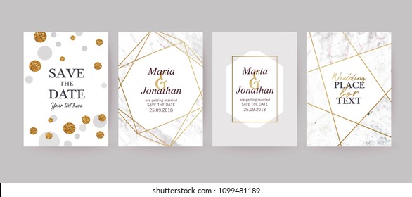 Set of wedding cards with marble texture and gold geometric frame. Design for cover, invitation, birthday, brochure background. Branding identity template. Vector illustration.