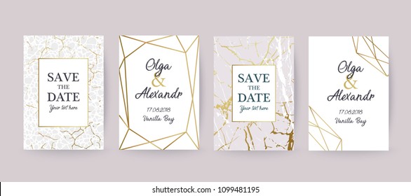 Set of wedding cards with marble texture and gold geometric frame. Design for cover, invitation, birthday, brochure background. Branding identity template. Vector illustration.