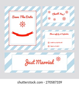 Set of wedding cards in marine style with stripes and modern nautical sign - helm.Save the date, thank you, rsvp, just married banner. Ideal for theme party.
