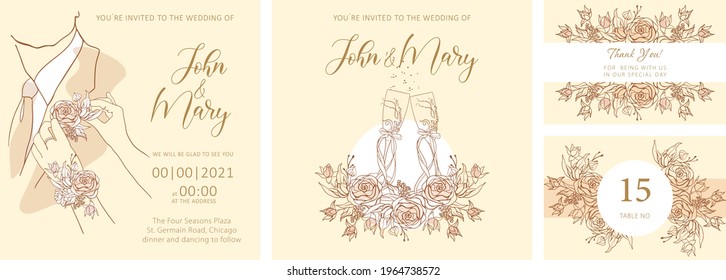 Set of wedding cards, marriage, wedding salon logo concept. Two wedding glasses, a wreath of rose flowers with buds, a man's silhouette in a suit with a boutonniere, woman's hand.