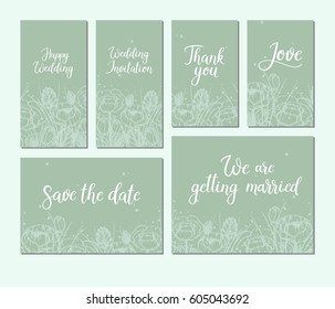 Set of wedding cards. Modern calligraphy. Hand lettering inscription. Vector illustration. Floral frame. Save the date. Wedding theme