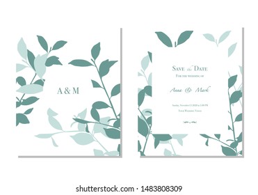 Set of wedding cards of modern green leaves on white background