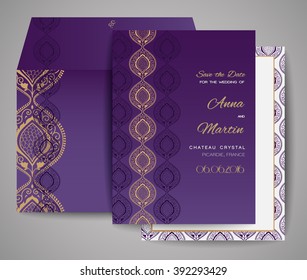 Set of wedding cards. Ornamental invitation, thank you card, save the date card. Templates for your design.