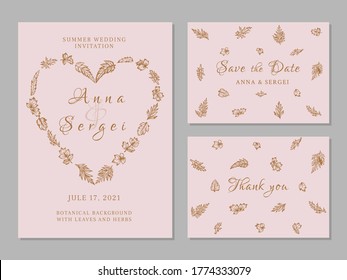 Eine Reihe von Hochzeitskarten mit Pflanzen . Botanische Illustration. Einladung, speichern Sie das Datum, danke Karte. Rosa und goldfarben.
