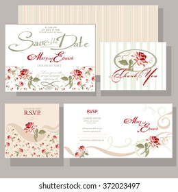 Set of wedding cards with red rose. RSVP card set