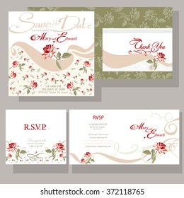 Set of wedding cards with red rose. RSVP card set