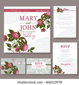 Set of wedding cards with red rose. RSVP and menu card