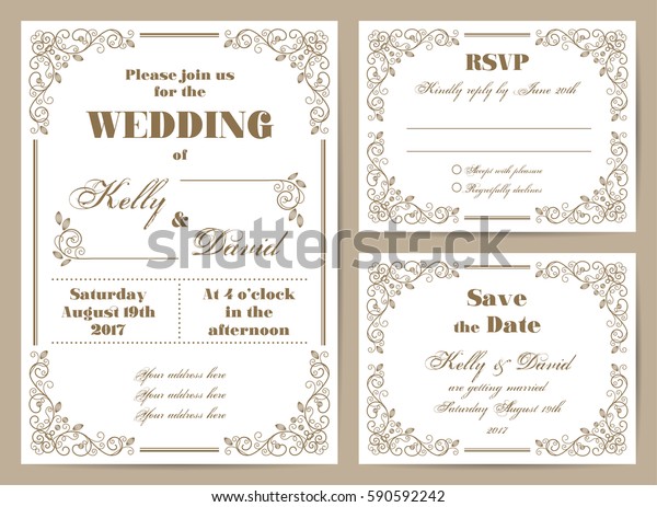Set of wedding cards in retro style\
with decorative design elements. Vector\
illustration.