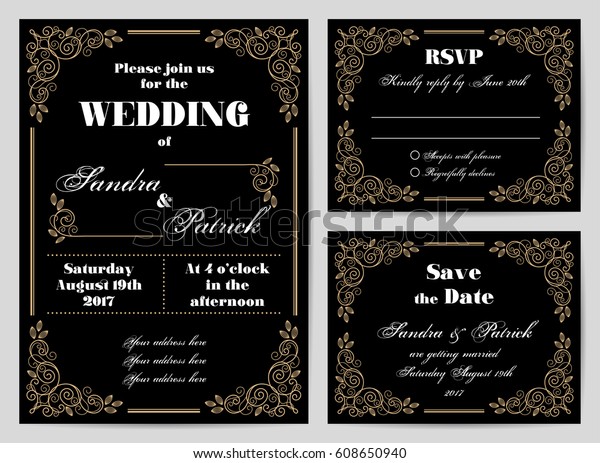 Set of wedding cards in retro style
with decorative design elements. Vector
illustration