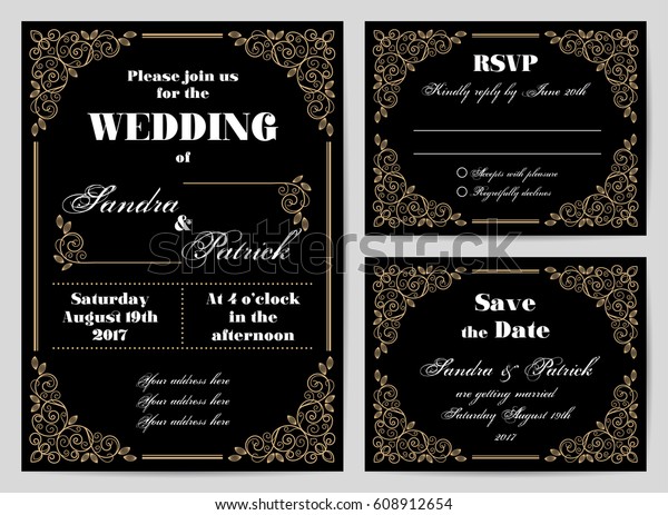 Set of wedding cards in retro style\
with decorative design elements. Vector\
illustration