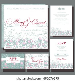 Set of wedding cards with roses. RSVP and menu card