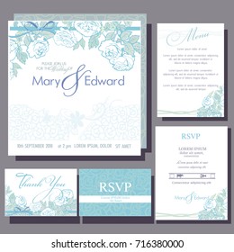 Set of wedding cards with roses. RSVP and menu card. Waves background