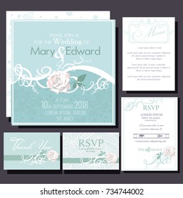 Set of wedding cards with roses. RSVP and menu card. Waves background