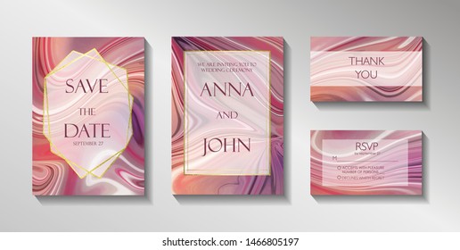 Set of wedding cards, Safe the date, invitatoin, RSVP and Thank You card. Pink  marble,  stone, granite texture, fluid acrylic art. Trendy minimalistic style. Vector poster, cover