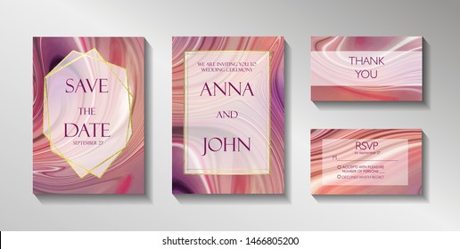 Set of wedding cards, Safe the date, invitatoin, RSVP and Thank You card. Pink  marble,  stone, granite texture, fluid acrylic art. Trendy minimalistic style. Vector poster, cover