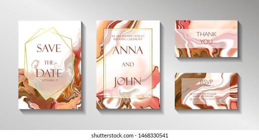 Set of wedding cards, Safe the date, invitatoin, RSVP and Thank You card. Borwn marble, granite, caramel texture, fluid acrylic art. Vector poster, cover