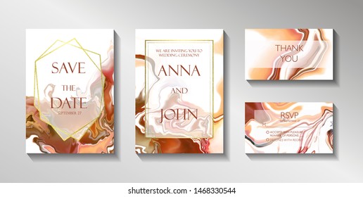 Set of wedding cards, Safe the date, invitatoin, RSVP and Thank You card. Borwn marble, granite, caramel texture, fluid acrylic art. Vector poster, cover