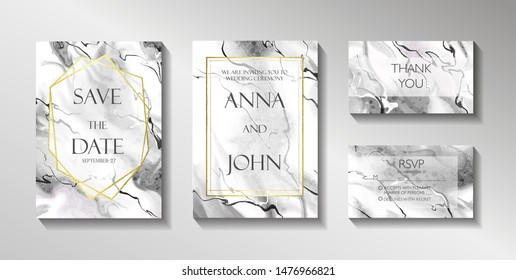 Set of wedding cards, Safe the date, invitatoin, RSVP and Thank You card. Gray marble texture, fluid acrylic art, gold frame.  Vector poster, cover