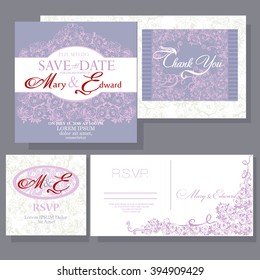 Set of wedding cards with small rose pattern. RSVP card