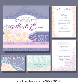 Set of wedding cards with small rose wedding bouquet. RSVP card