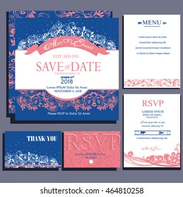Set of wedding cards with small roses. RSVP, Menu card