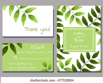  set of wedding cards template with green brunches over white background