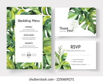 Set of Wedding cards with watercolor tropical leaves. Wedding Menu, Thank you and RSVP templates. Vector illustration