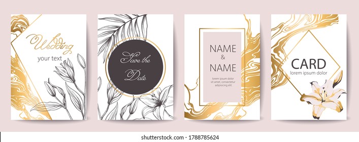 Set of wedding celebration cards with place for text. Save the date. Tropical flowers decoration. Golden, white and black colors. Vector