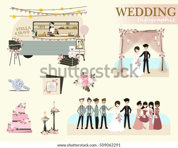 Set of wedding ceremony. Retro\
Wedding Food Trucks. Wedding Decorations ideas.Vector/Illustration\
