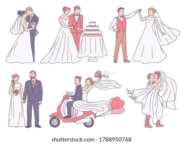 Set of wedding ceremony scenes with bride and groom characters in traditional european wedding outfit, sketch cartoon vector illustration isolated on white background.