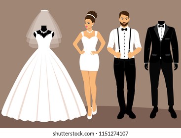 A set of wedding clothes. The choice. Clothes for the bride and groom. Icons of wedding clothes. Vector illustration.