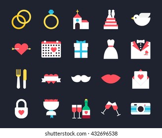 Set of wedding colored flat icons, wedding ring, church, wedding dress, wedding cake