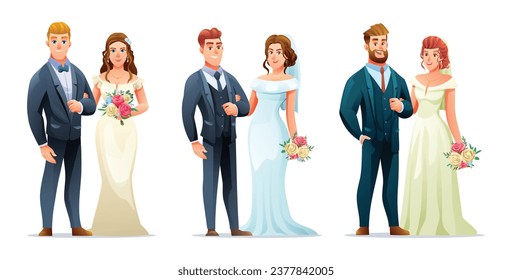 Set of wedding couple bride and groom characters. Vector cartoon illustration